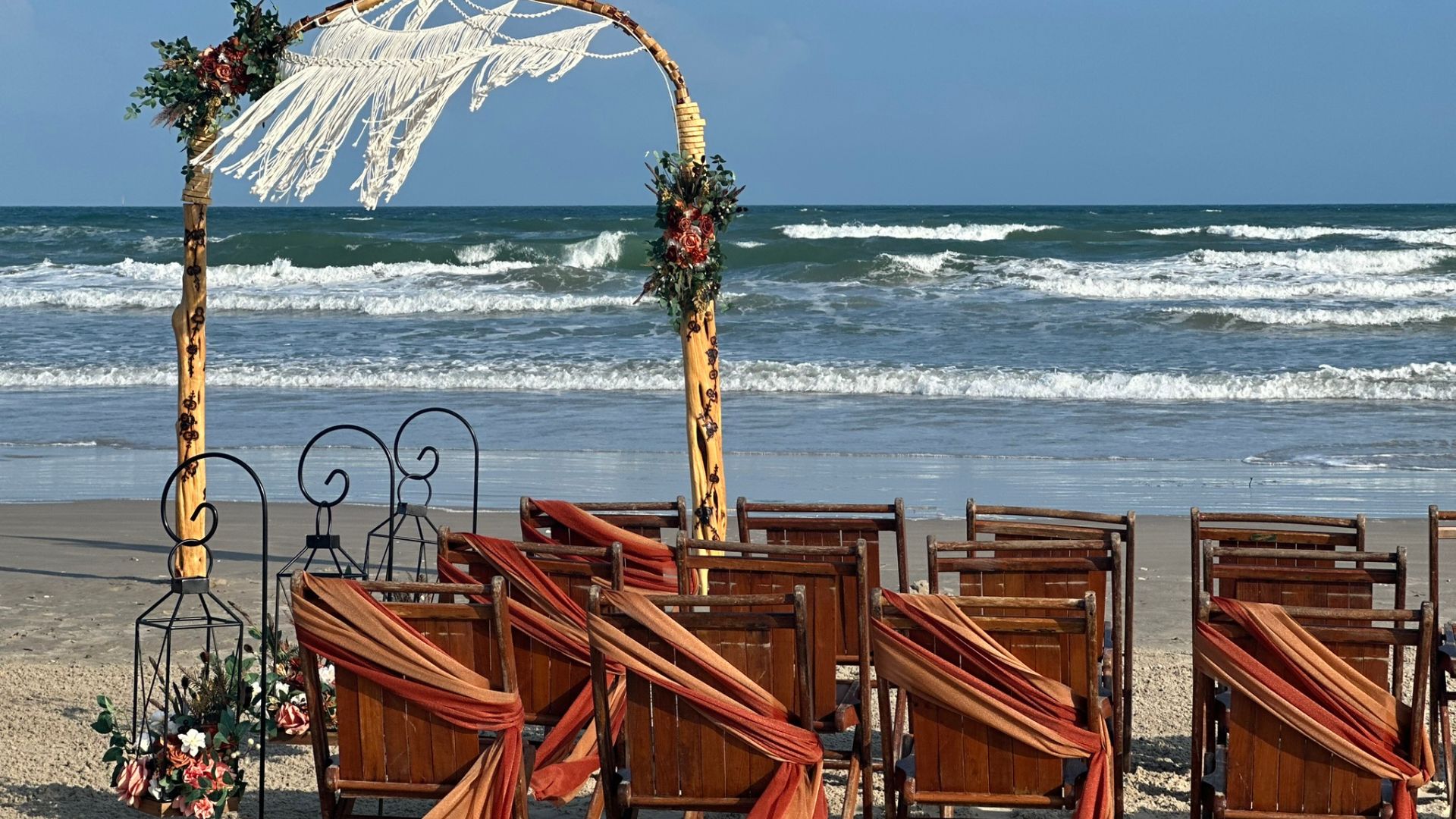 fall beach wedding burnt orange boho macrame arch