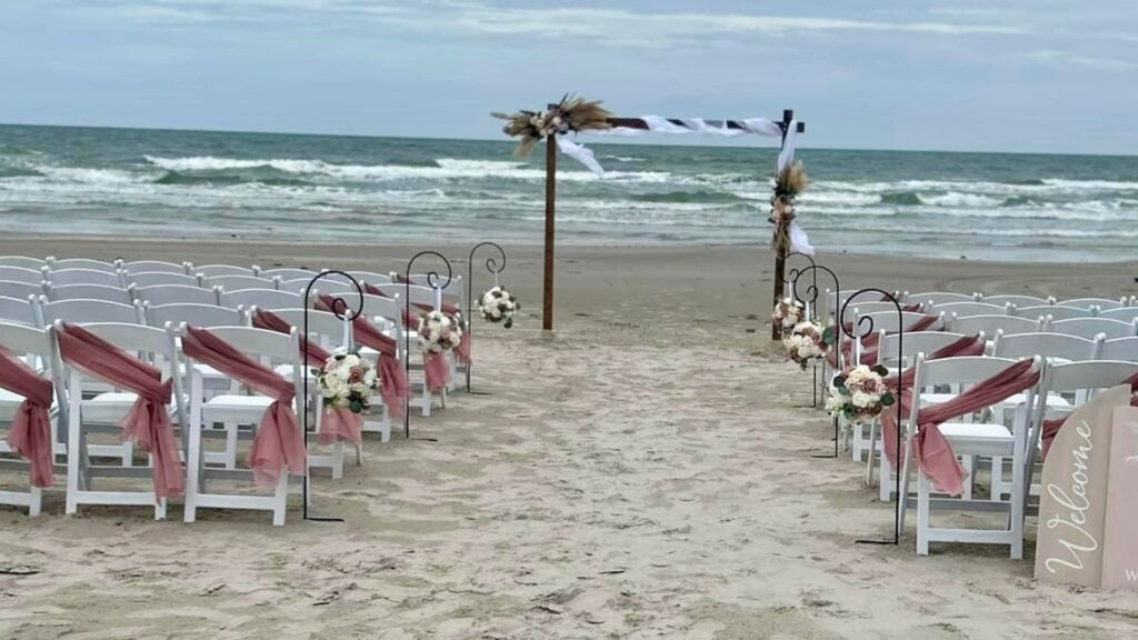 Beach wedding dusty rose boho arch