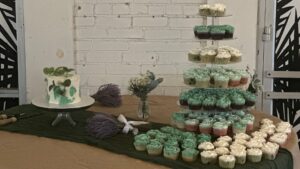 tiered cupcake tower at wedding reception